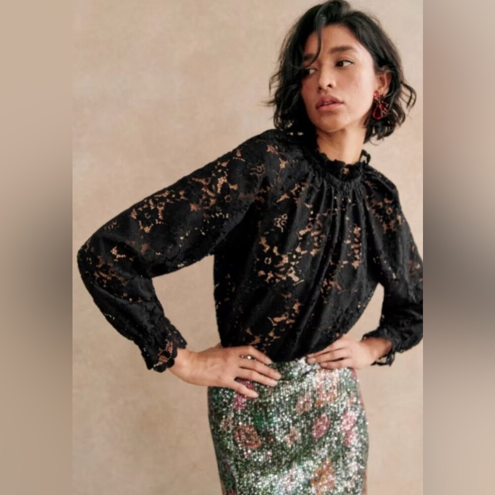 NWT Sezane Sheila Blouse in Black Sheer Lace Ruffle Neck Top UK6/US 2